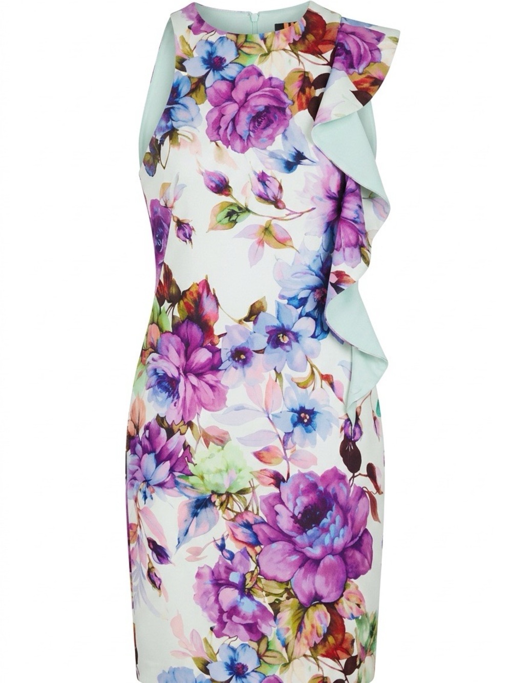Floral Ruffle Sheath Dress in White and Purple